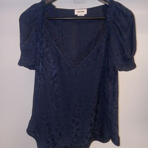 Zadig & Voltaire Navy Lace-Trim V-Neck Puff Sleeve Blouse